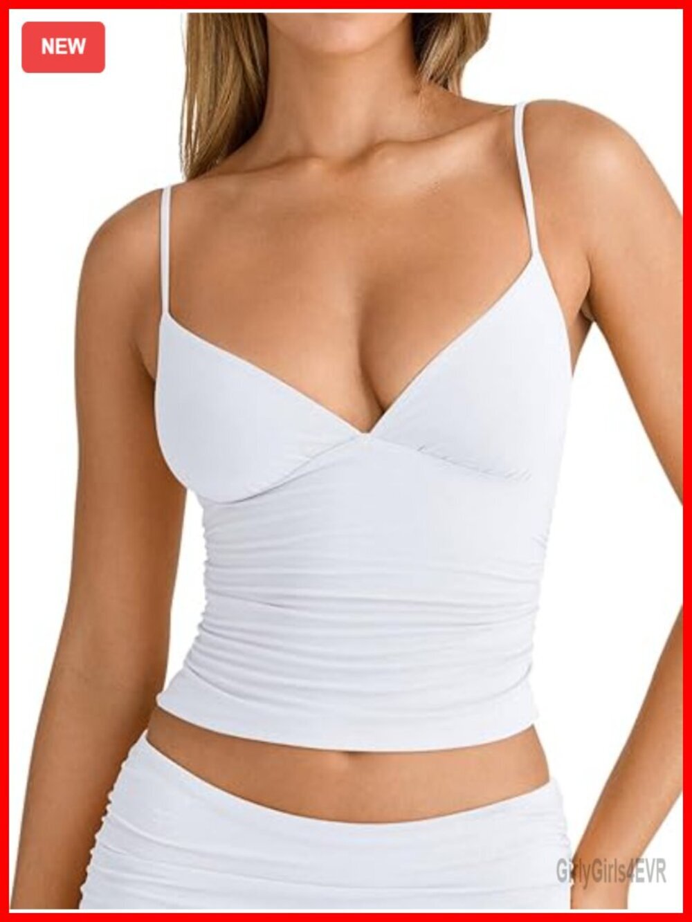 V Neck Ruched Cami Top Sleeveless Spaghetti Double Layer Fitted Crop Tank Top